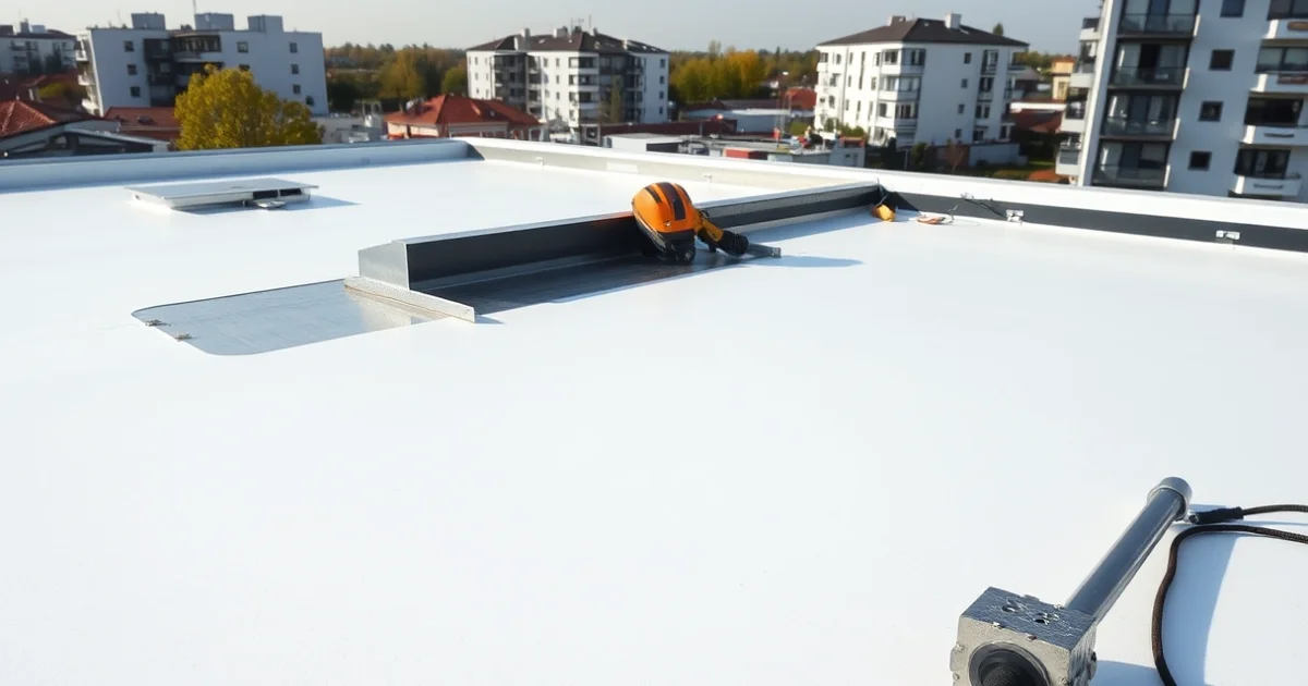Részletes közeli kép frissen készült fehér PVC tetőszigetelésről Szigetszentmiklóson, szerszámokkal és biztonsági felszerelés